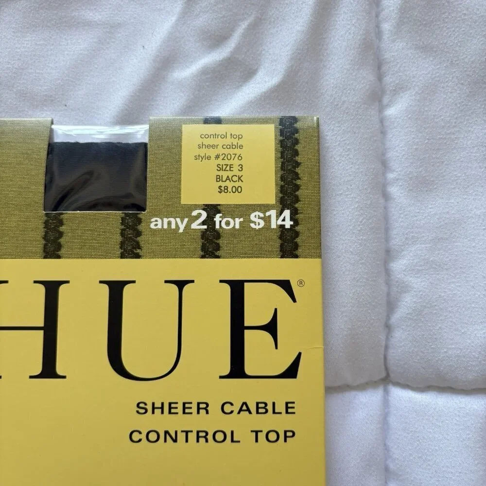 NEW Vintage HUE Womens 3 Black‎ Sheer Control Top Pantyhose #2076 Made In USA
